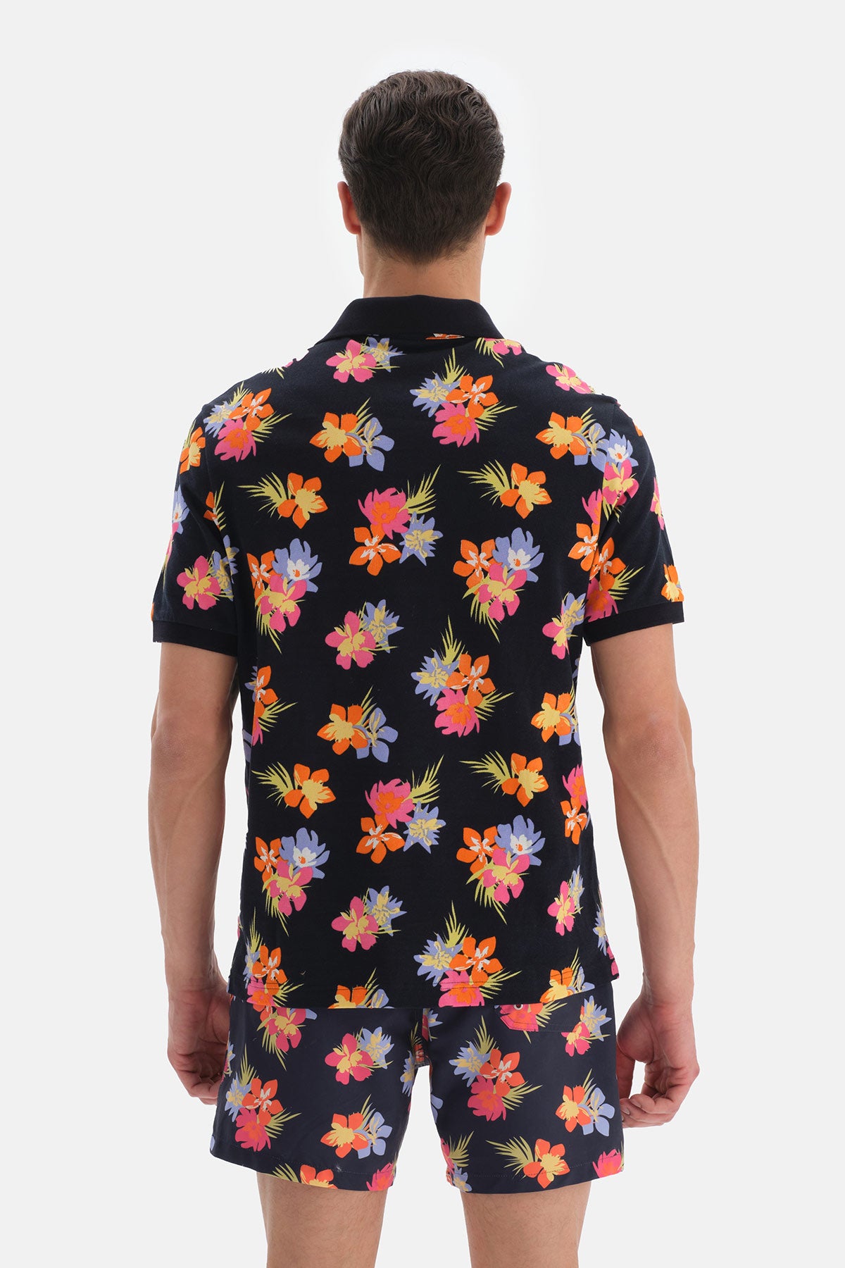 Lacivert - Pembe Çiçek Desenli Pike Polo Yaka TShirt