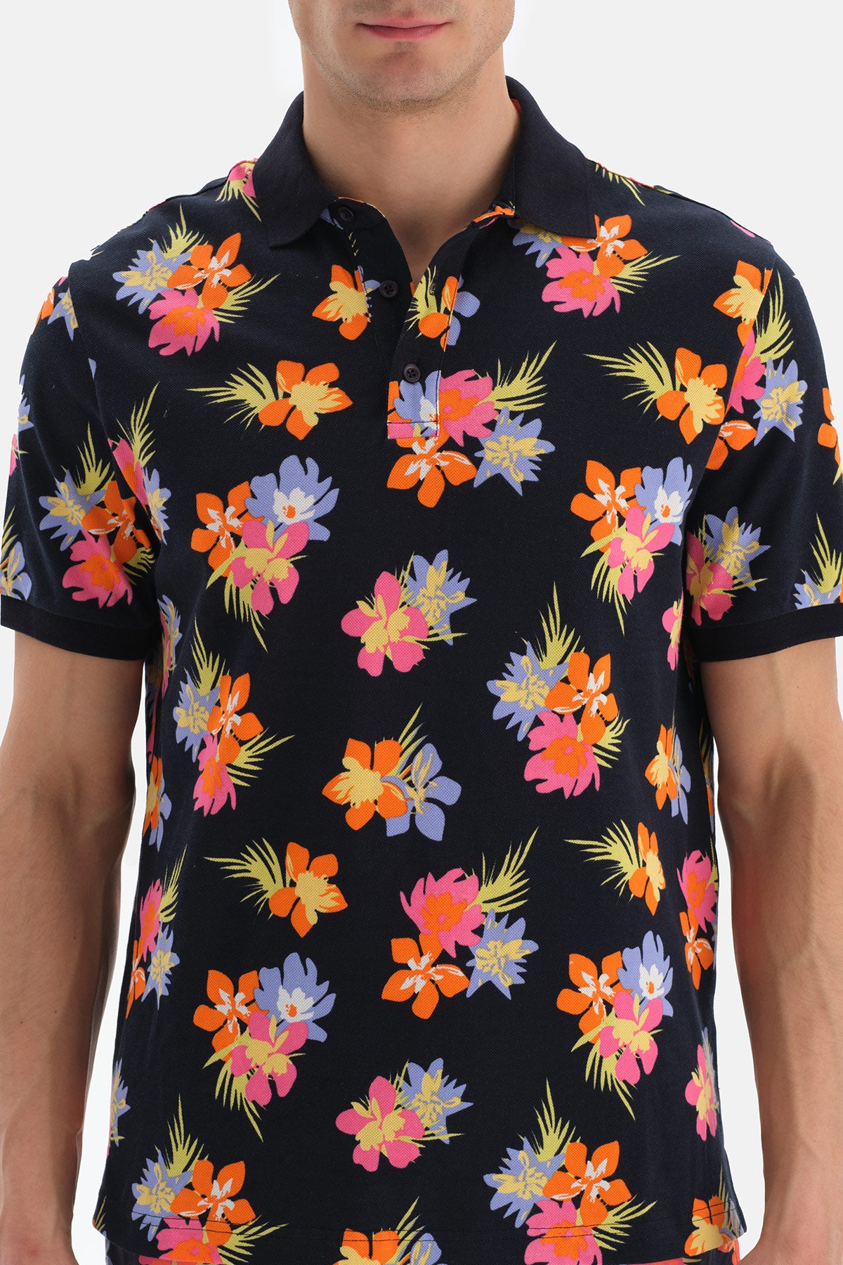 Lacivert - Pembe Çiçek Desenli Pike Polo Yaka TShirt