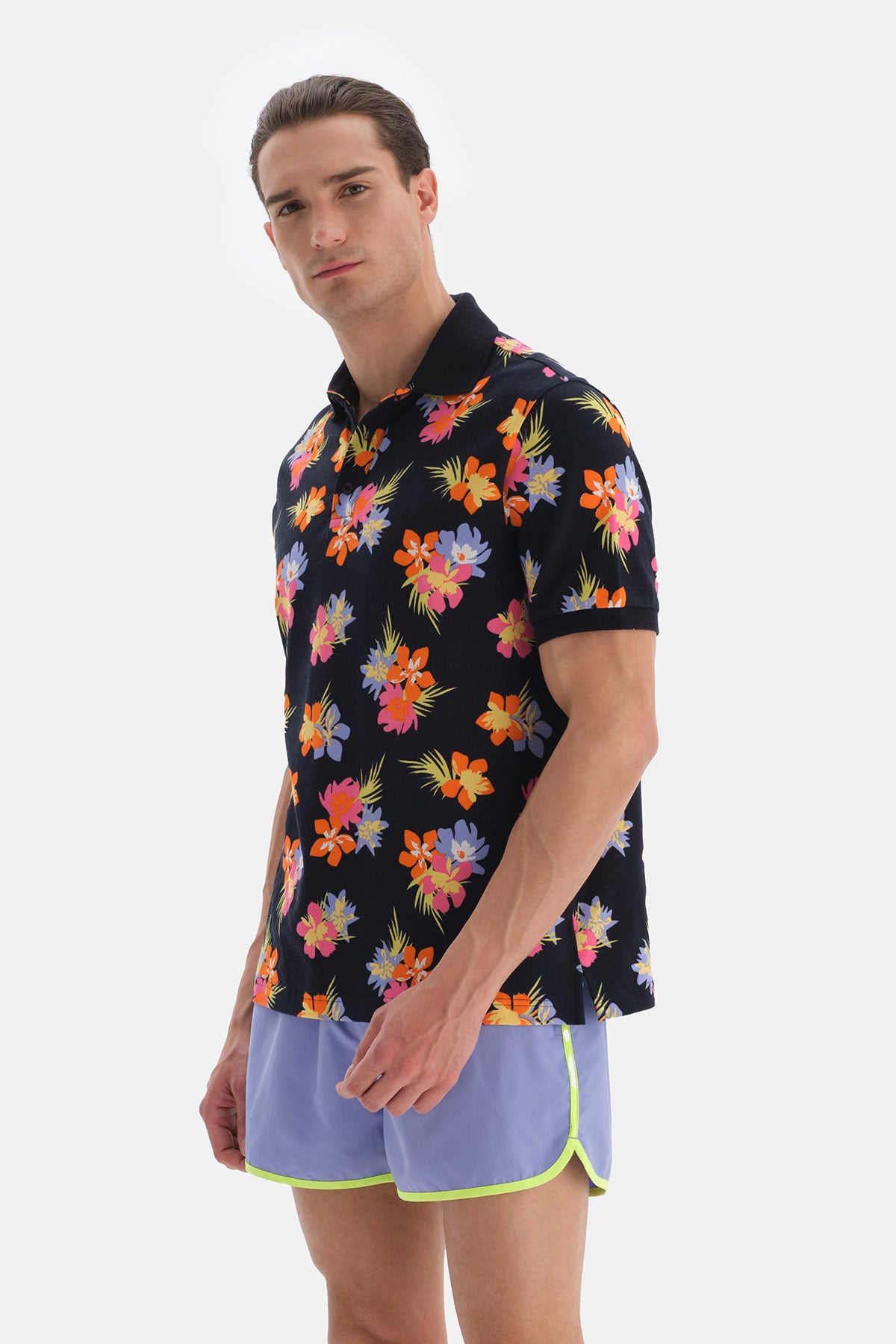 Lacivert - Pembe Çiçek Desenli Pike Polo Yaka TShirt