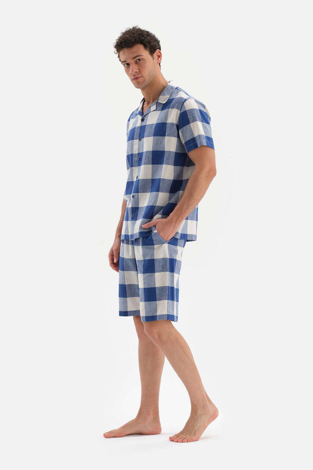 NAVY SHIRT COLLAR PLAID WOVEN PAJAMAS