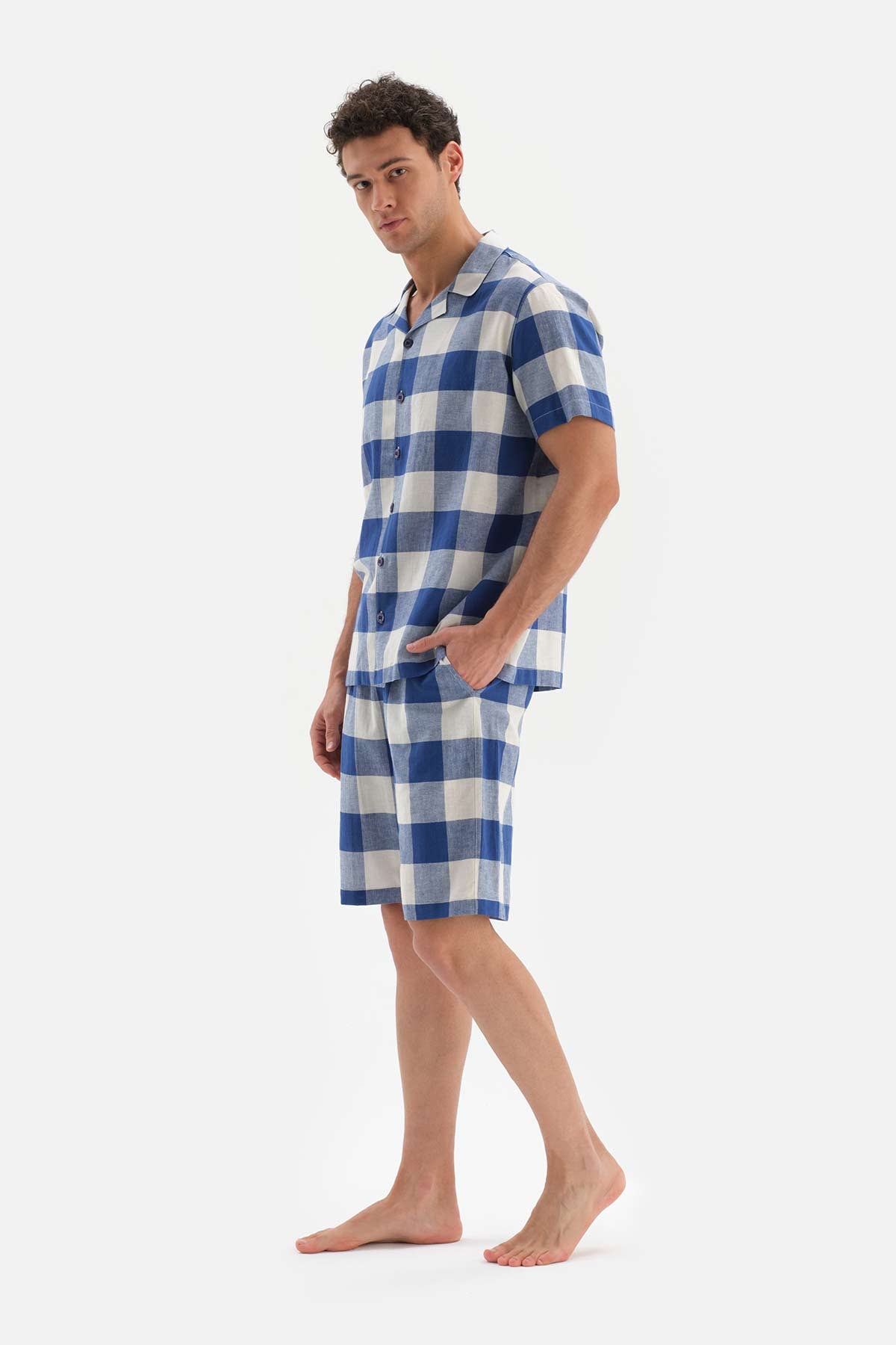 NAVY SHIRT COLLAR PLAID WOVEN PAJAMAS
