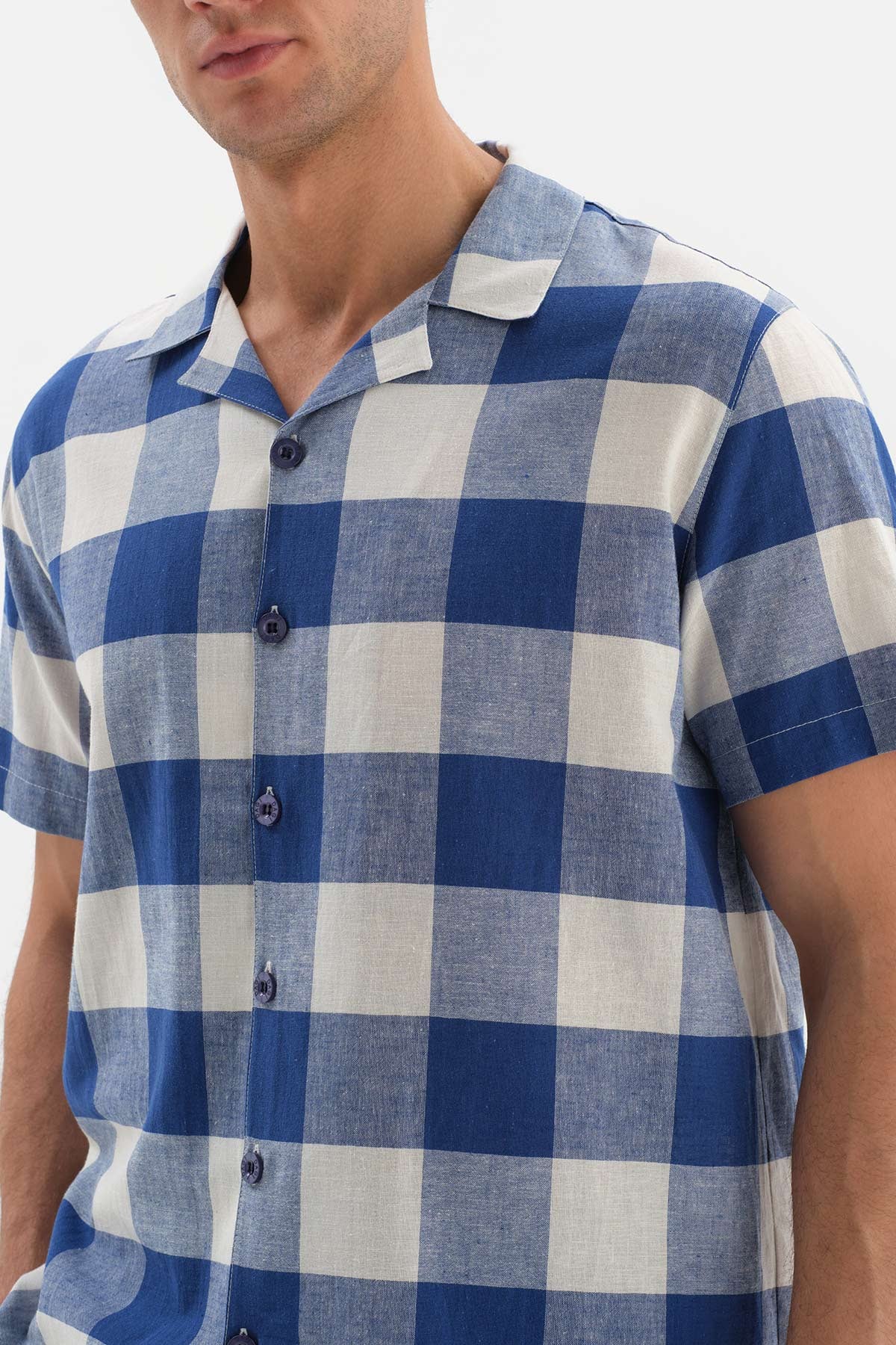 NAVY SHIRT COLLAR PLAID WOVEN PAJAMAS