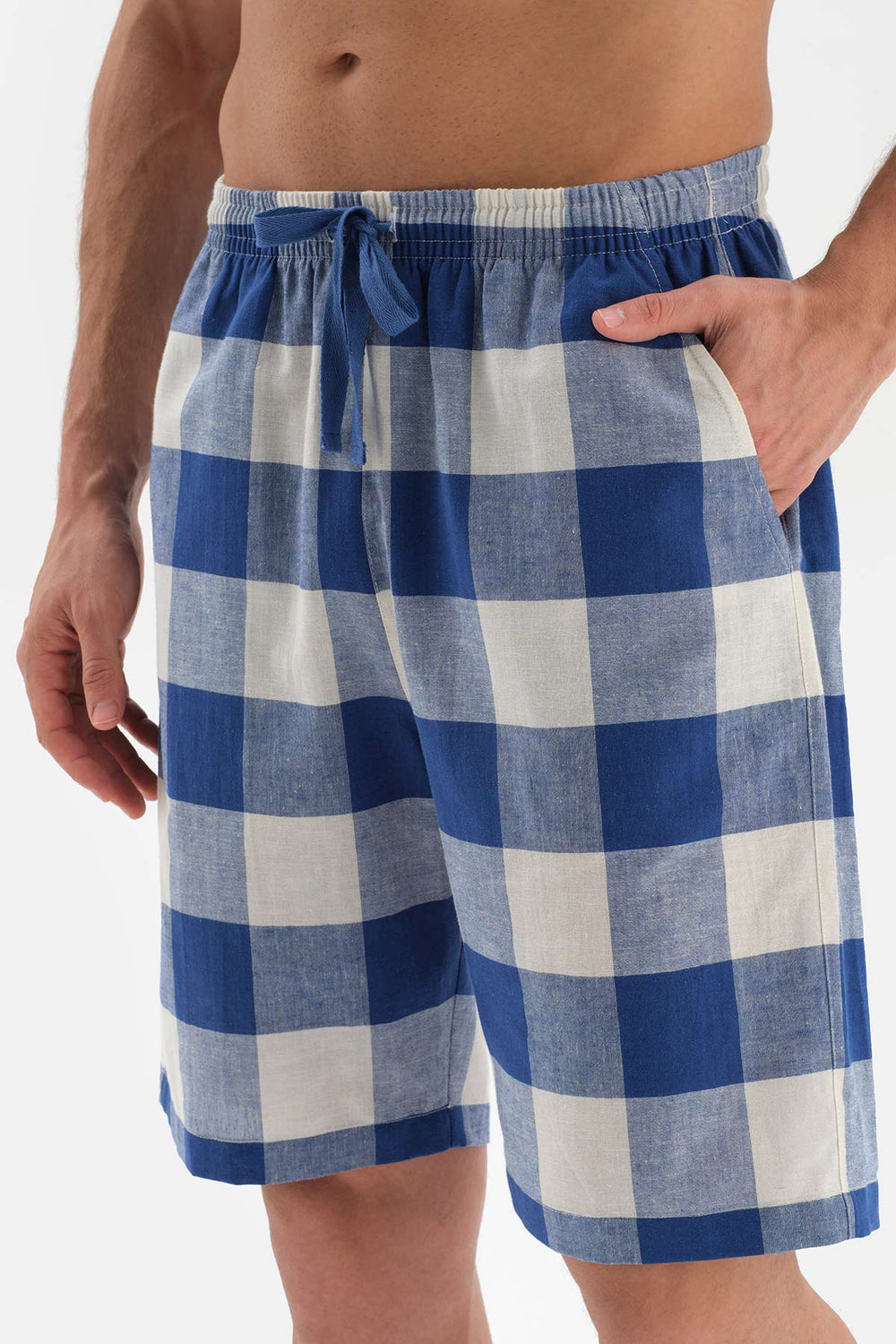 NAVY SHIRT COLLAR PLAID WOVEN PAJAMAS