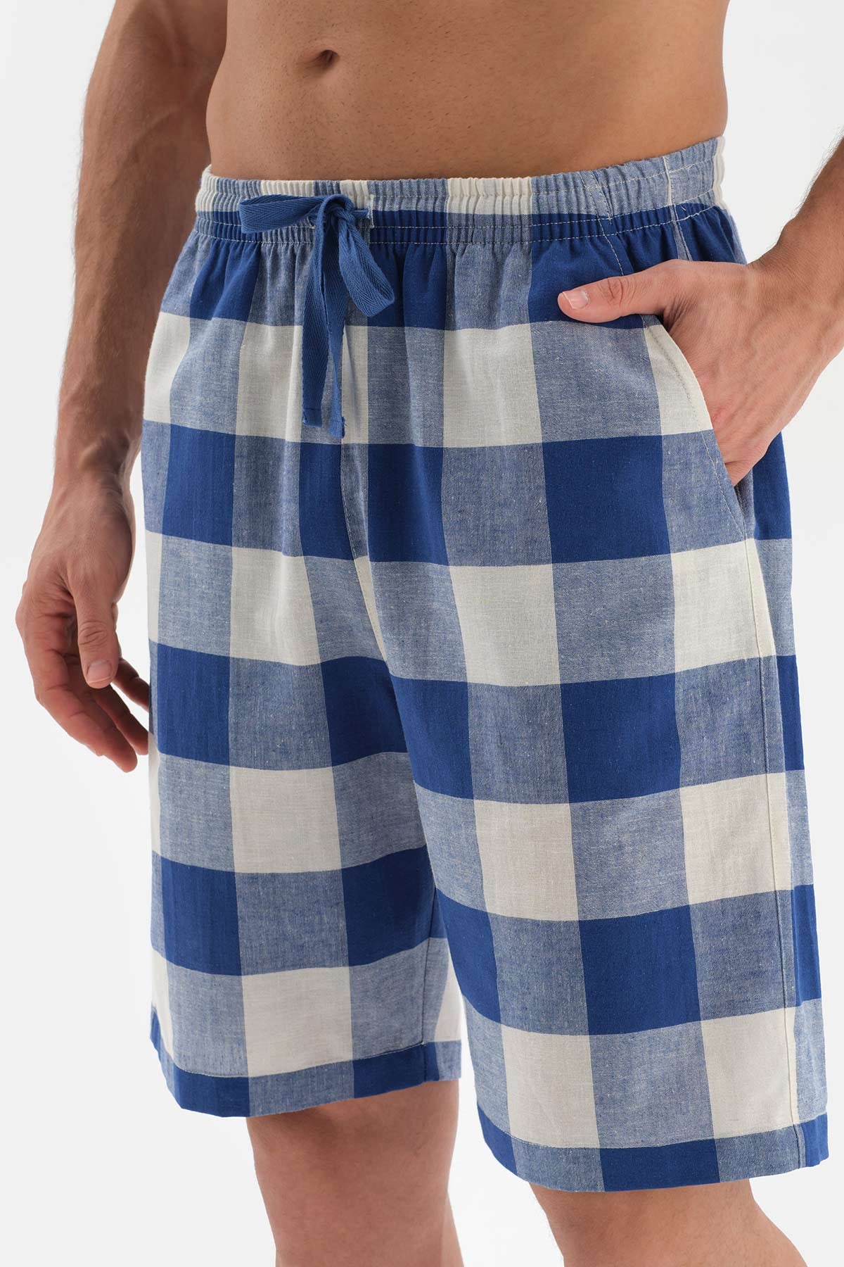 NAVY SHIRT COLLAR PLAID WOVEN PAJAMAS