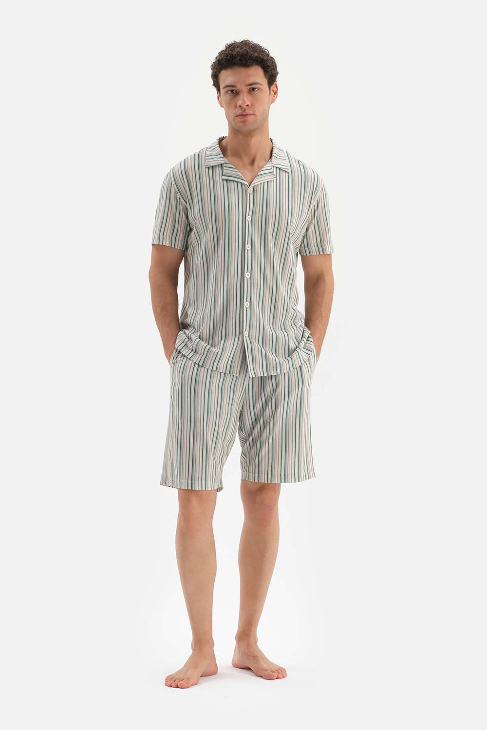 BEIGE SHIRT COLLAR STRIPED KNIT SHORTS PAJAMAS SUIT