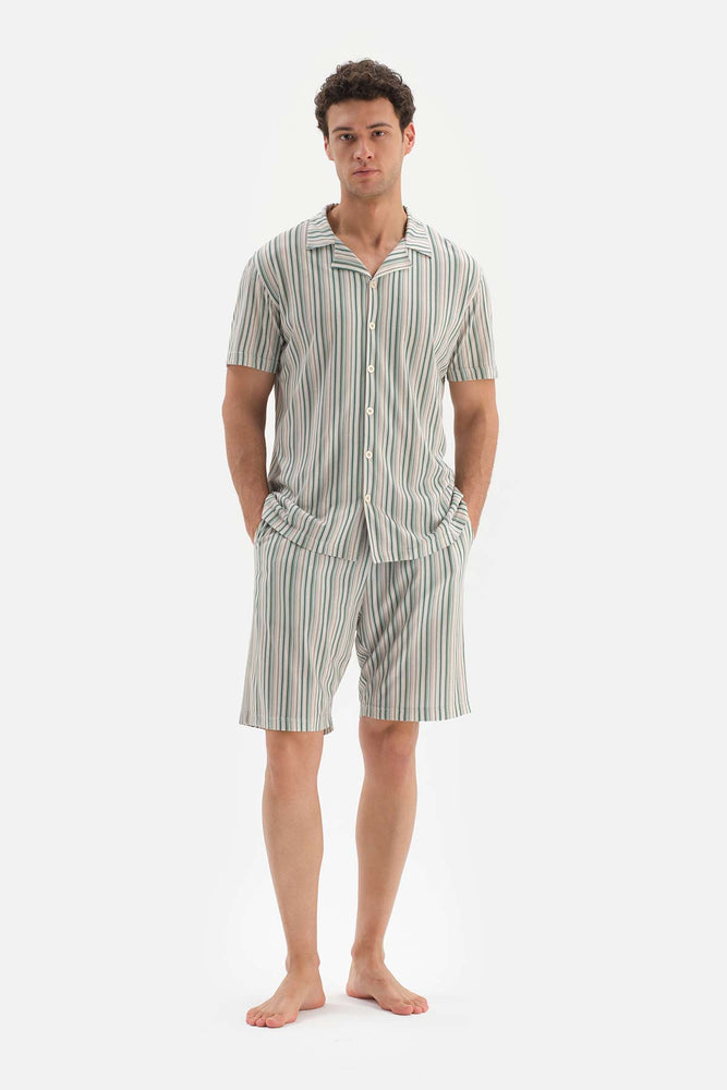 BEIGE SHIRT COLLAR STRIPED KNIT SHORTS PAJAMAS SUIT