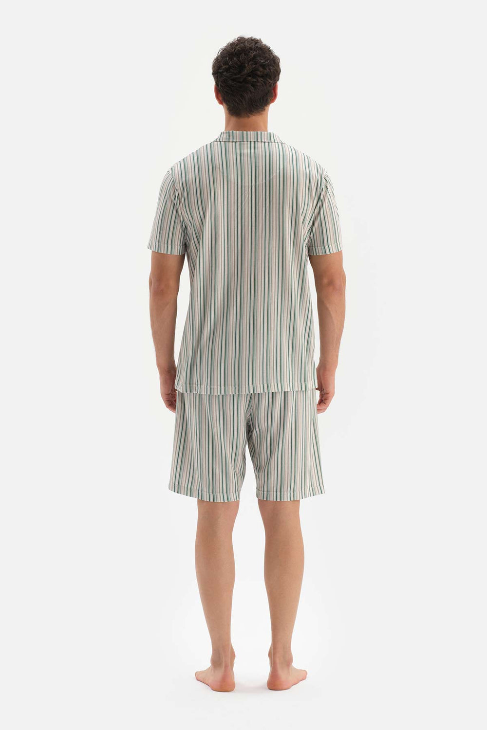 BEIGE SHIRT COLLAR STRIPED KNIT SHORTS PAJAMAS SUIT