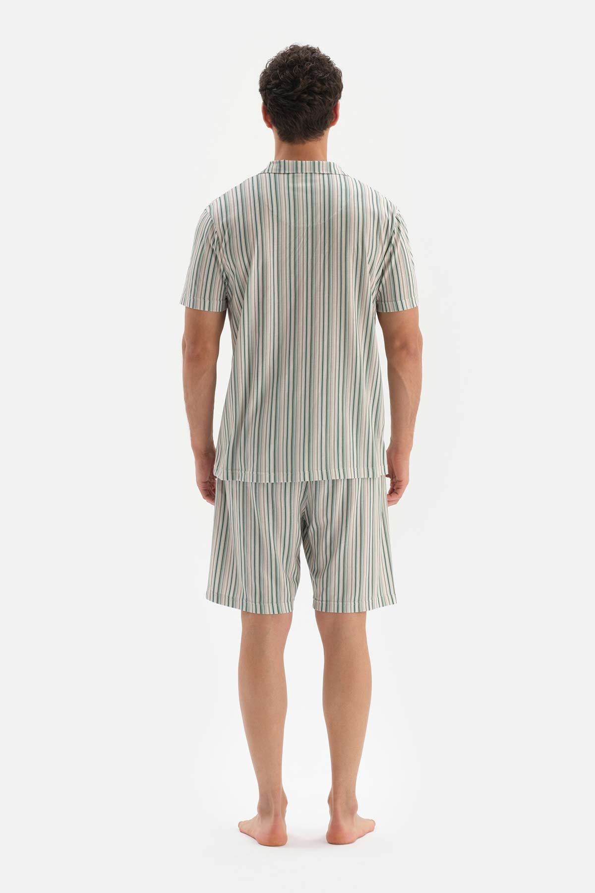BEIGE SHIRT COLLAR STRIPED KNIT SHORTS PAJAMAS SUIT