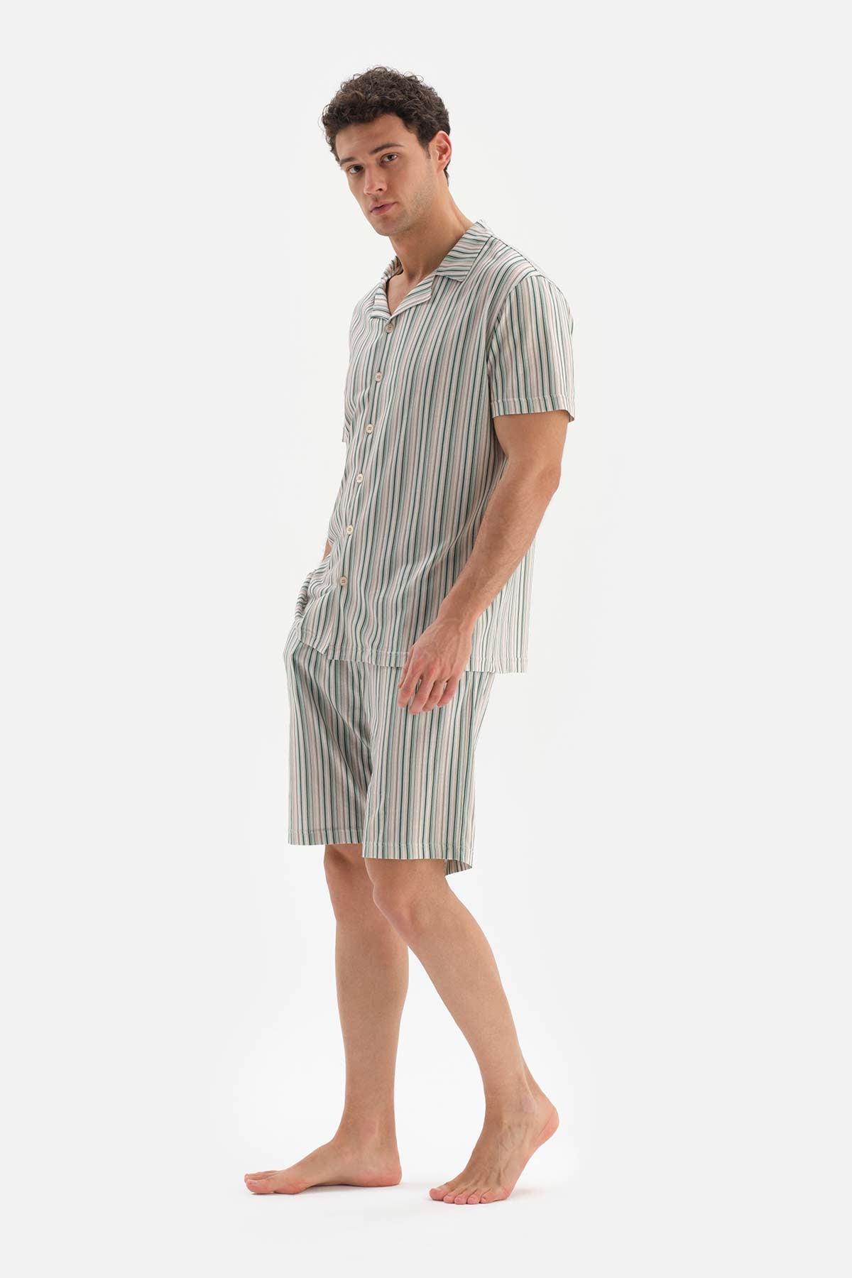 BEIGE SHIRT COLLAR STRIPED KNIT SHORTS PAJAMAS SUIT
