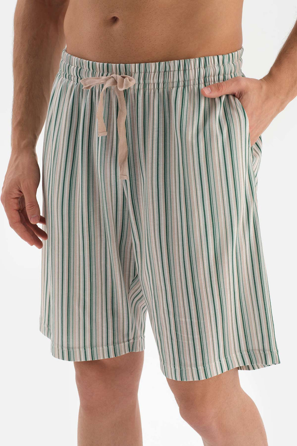 BEIGE SHIRT COLLAR STRIPED KNIT SHORTS PAJAMAS SUIT