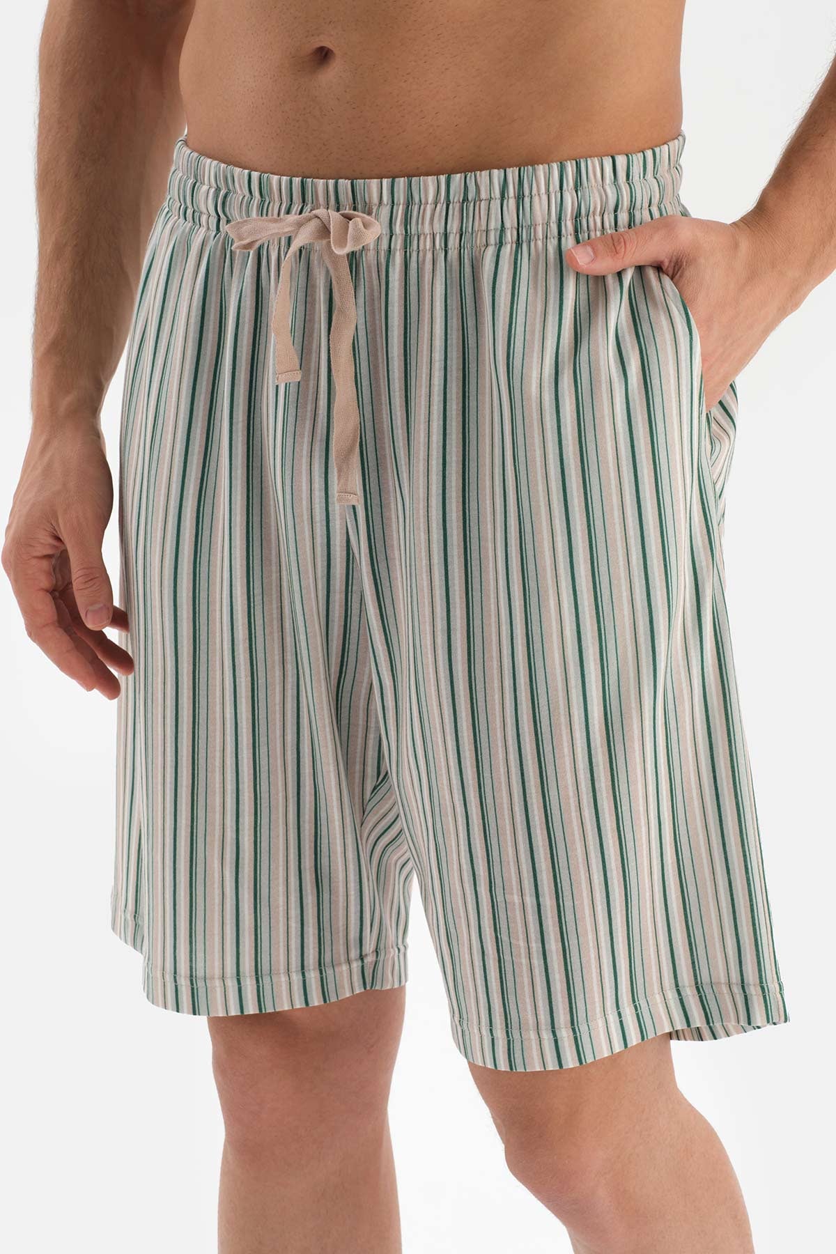 BEIGE SHIRT COLLAR STRIPED KNIT SHORTS PAJAMAS SUIT