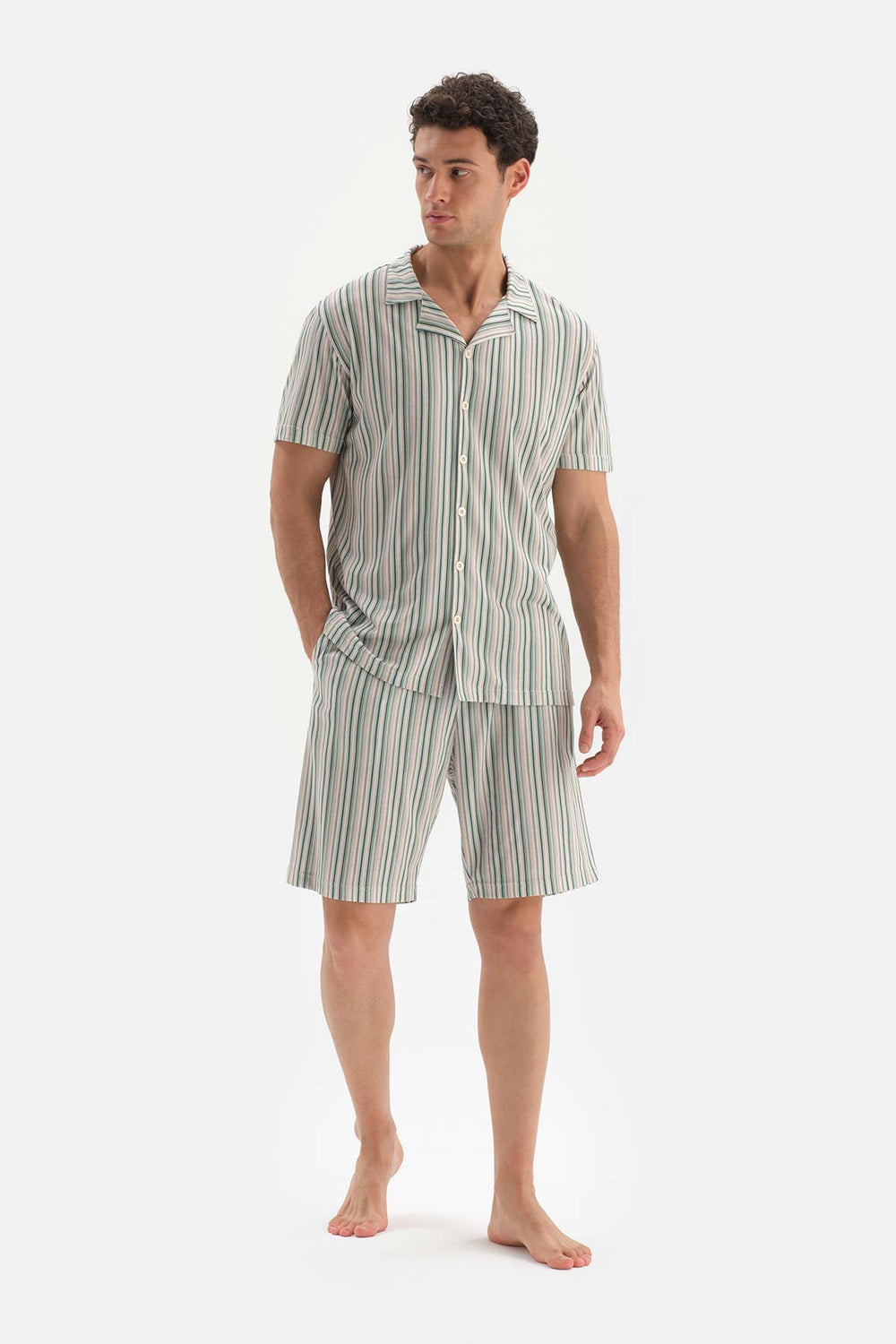 BEIGE SHIRT COLLAR STRIPED KNIT SHORTS PAJAMAS SUIT