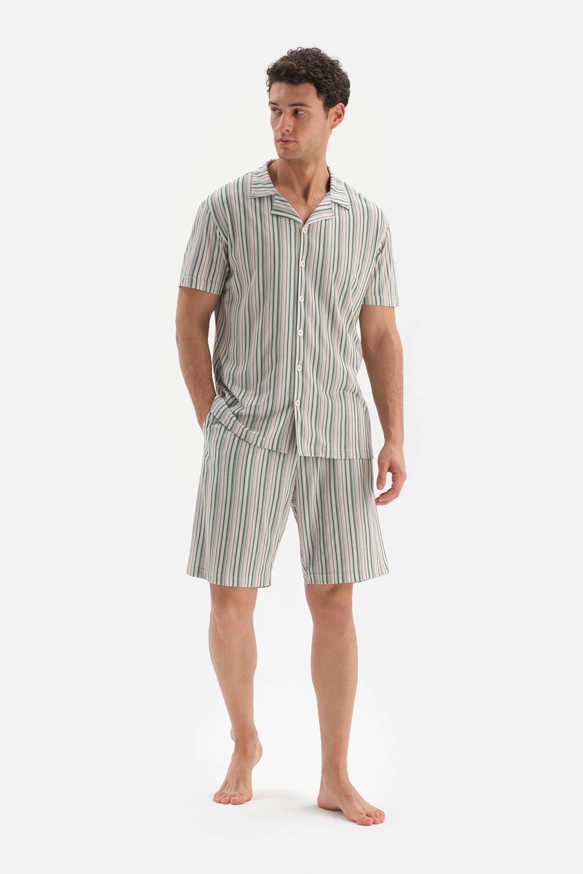 BEIGE SHIRT COLLAR STRIPED KNIT SHORTS PAJAMAS SUIT