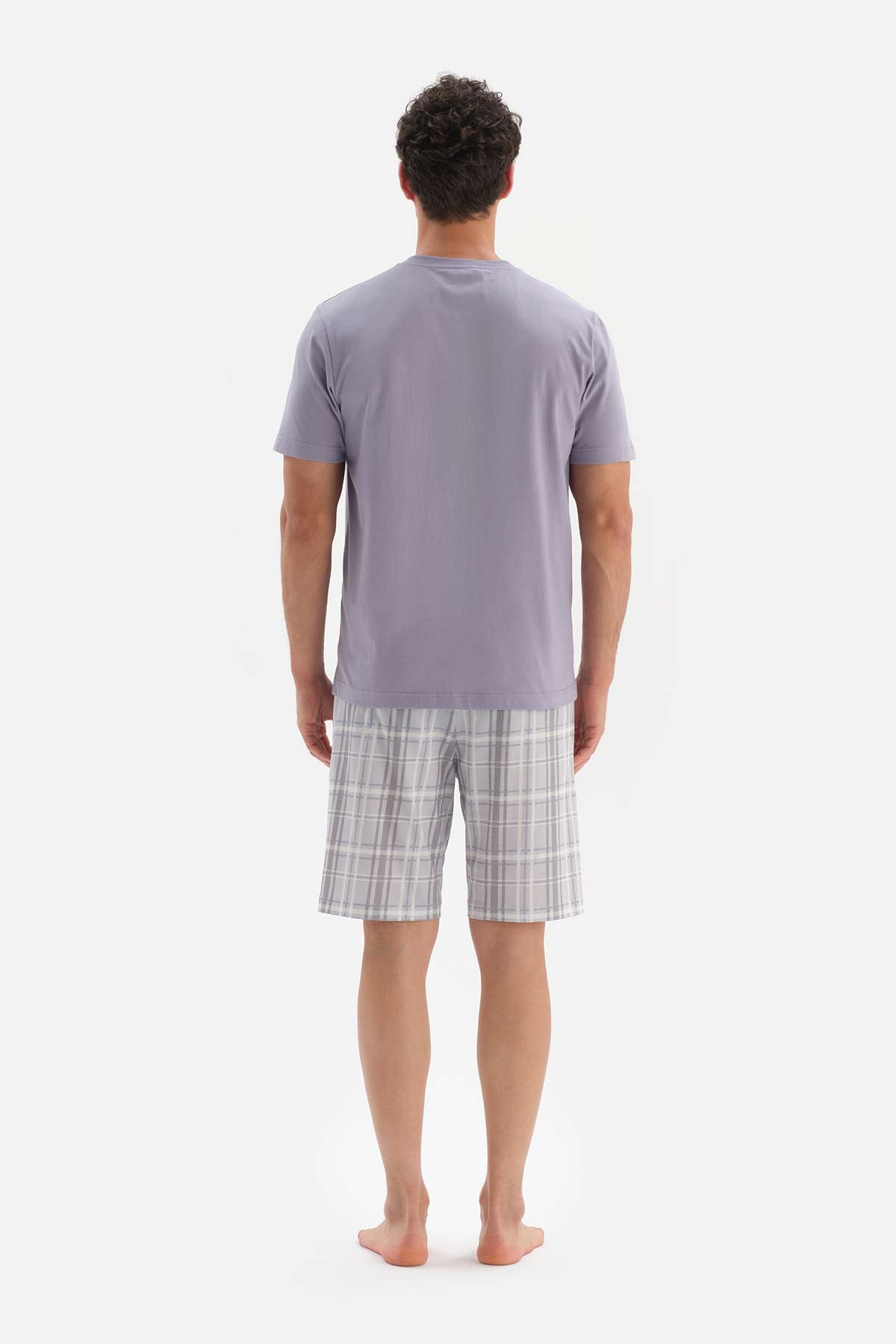 GREY HALF PATCH COLLAR PLAID PRINTED SHORTS PAJAMAS SUIT