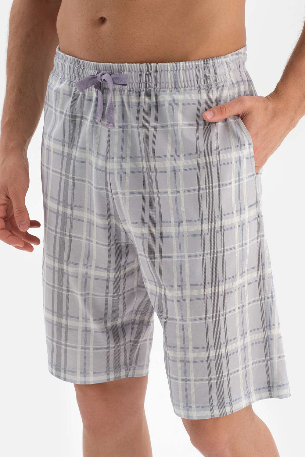 GREY HALF PATCH COLLAR PLAID PRINTED SHORTS PAJAMAS SUIT