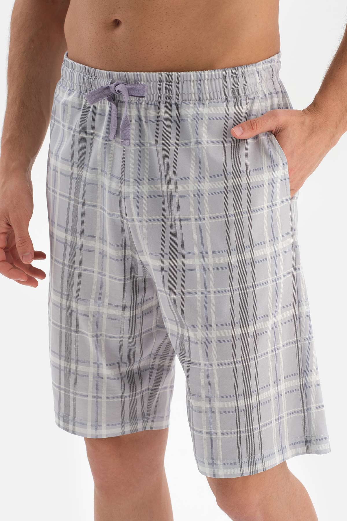 GREY HALF PATCH COLLAR PLAID PRINTED SHORTS PAJAMAS SUIT