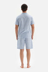 LIGHT BLUE SHIRT COLLAR PLAID WOVEN SHORTS PAJAMAS SUIT