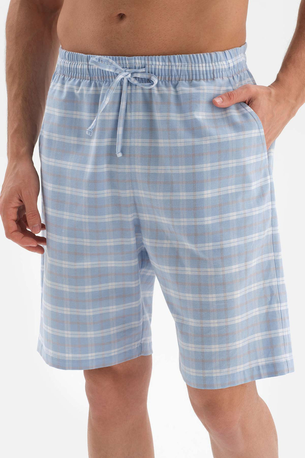 LIGHT BLUE SHIRT COLLAR PLAID WOVEN SHORTS PAJAMAS SUIT