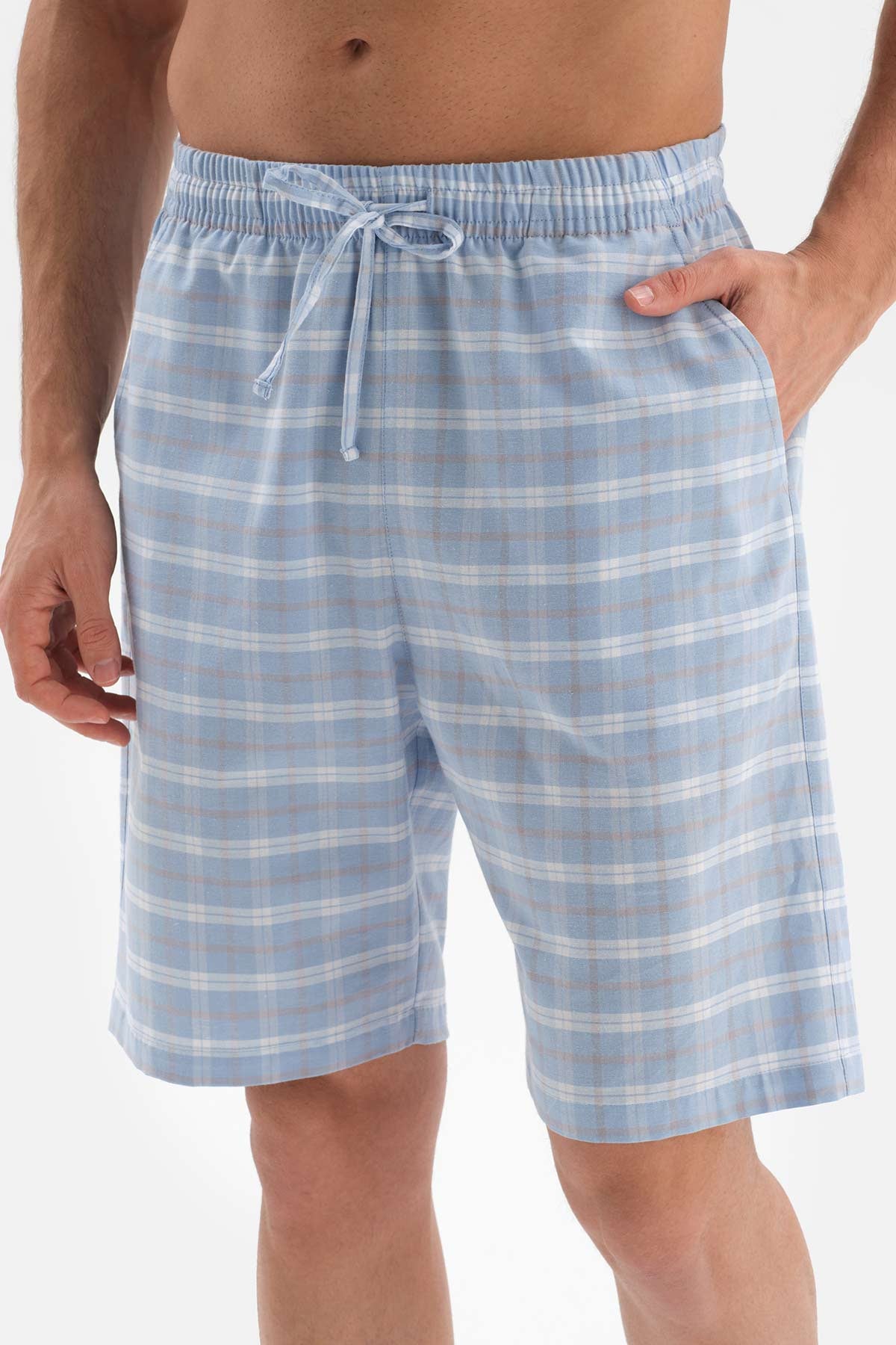 LIGHT BLUE SHIRT COLLAR PLAID WOVEN SHORTS PAJAMAS SUIT