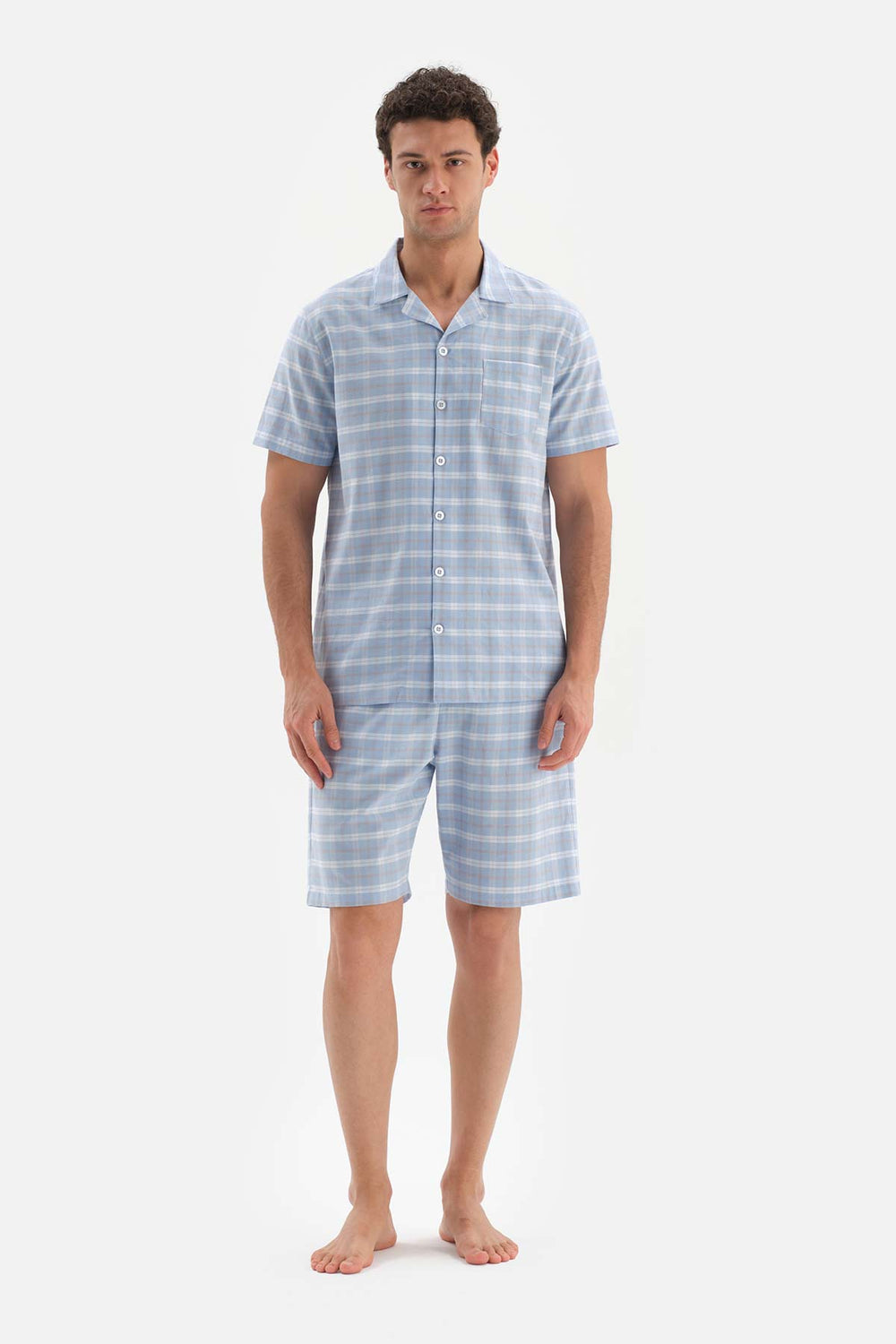 LIGHT BLUE SHIRT COLLAR PLAID WOVEN SHORTS PAJAMAS SUIT