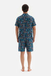 NAVY SHIRT COLLAR PRINTED WOVEN PAJAMAS SUIT