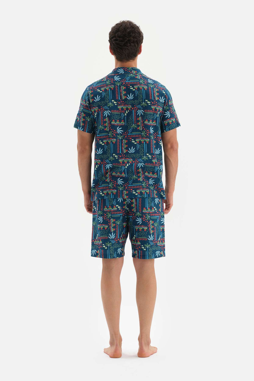 NAVY SHIRT COLLAR PRINTED WOVEN PAJAMAS SUIT