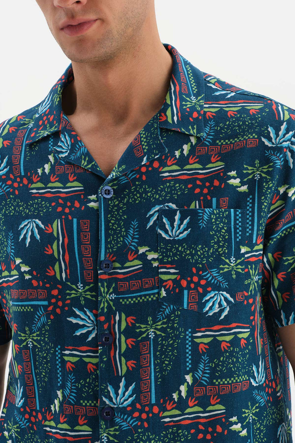 NAVY SHIRT COLLAR PRINTED WOVEN PAJAMAS SUIT