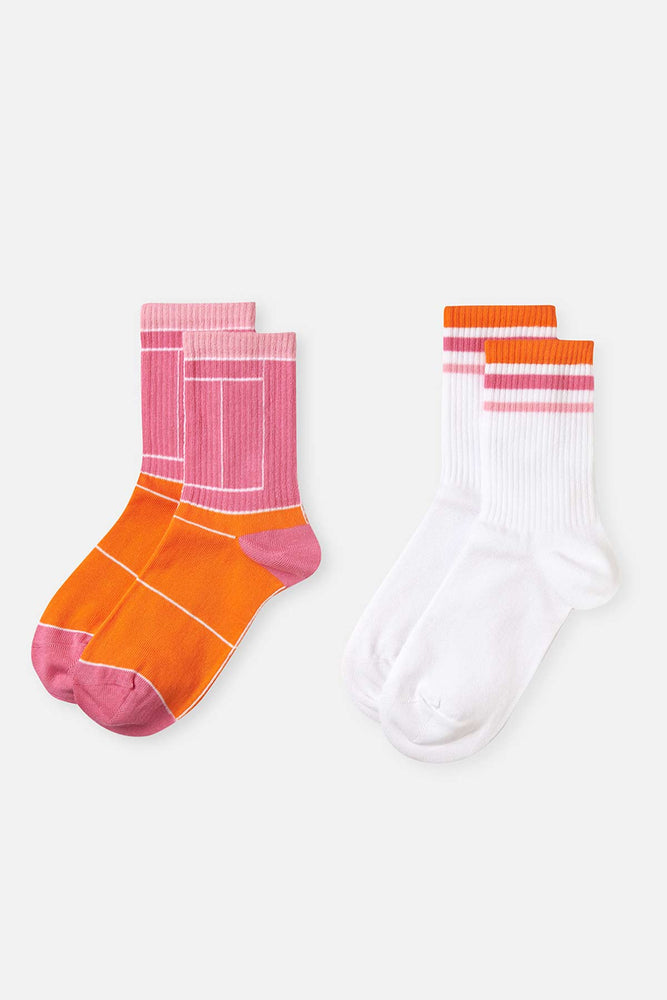 Beyaz-Pembe Kadın 2'Li Kort Desen Spor Çorabı