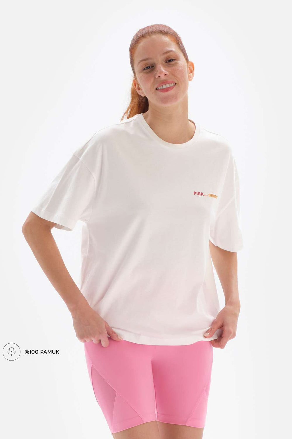 Beyaz-Pembe Dagi Active - Kadın Kort Baskılı Tişört