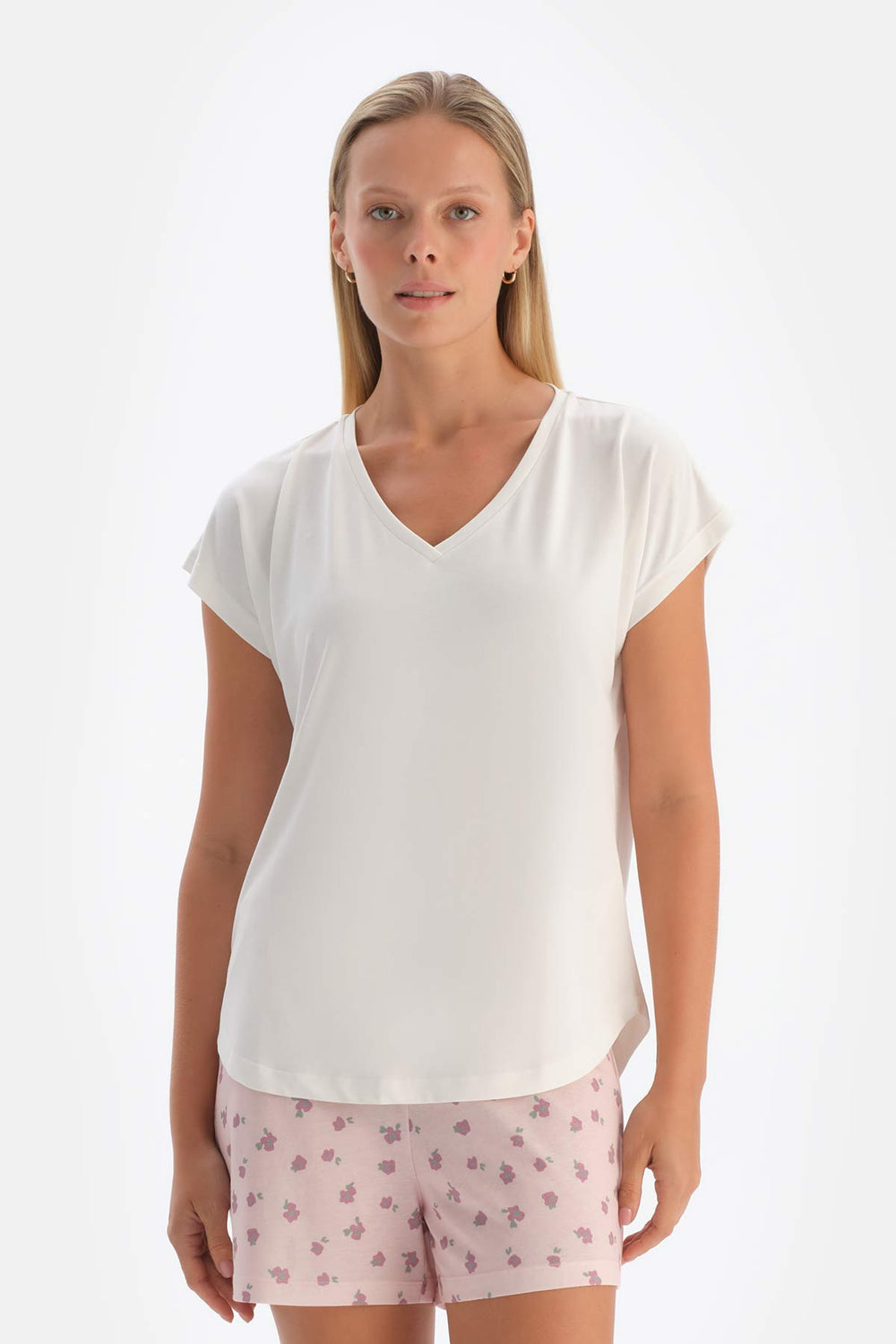 WHITE V-NECK LOW SLEEVE CUPRO T-SHIRT