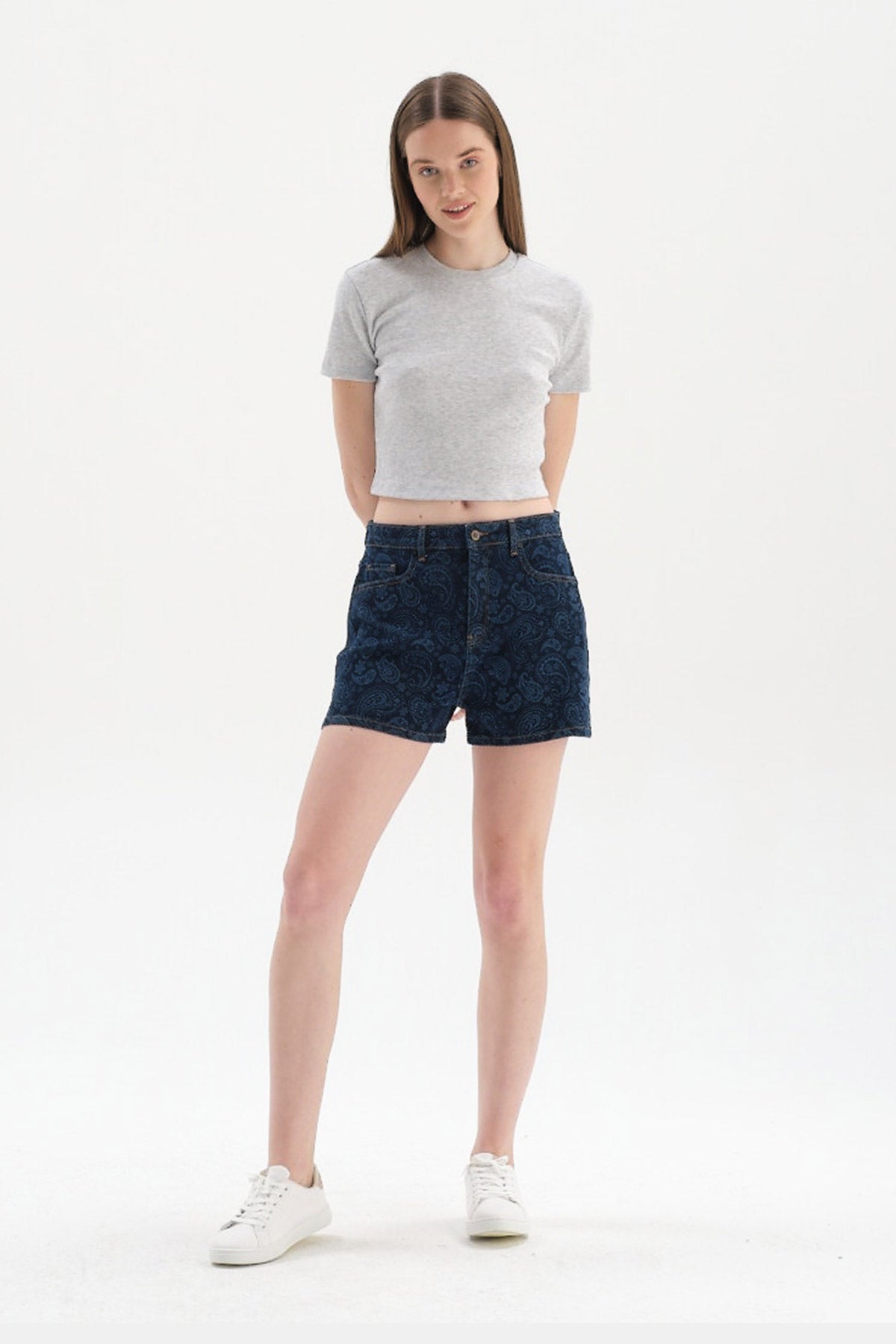 GREY MELANGE RIBBED CREW-NECK SHORT SLEEVE CROP T-SHIRT