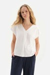 WHITE V-NECK PLEAT DETAILED T-SHIRT