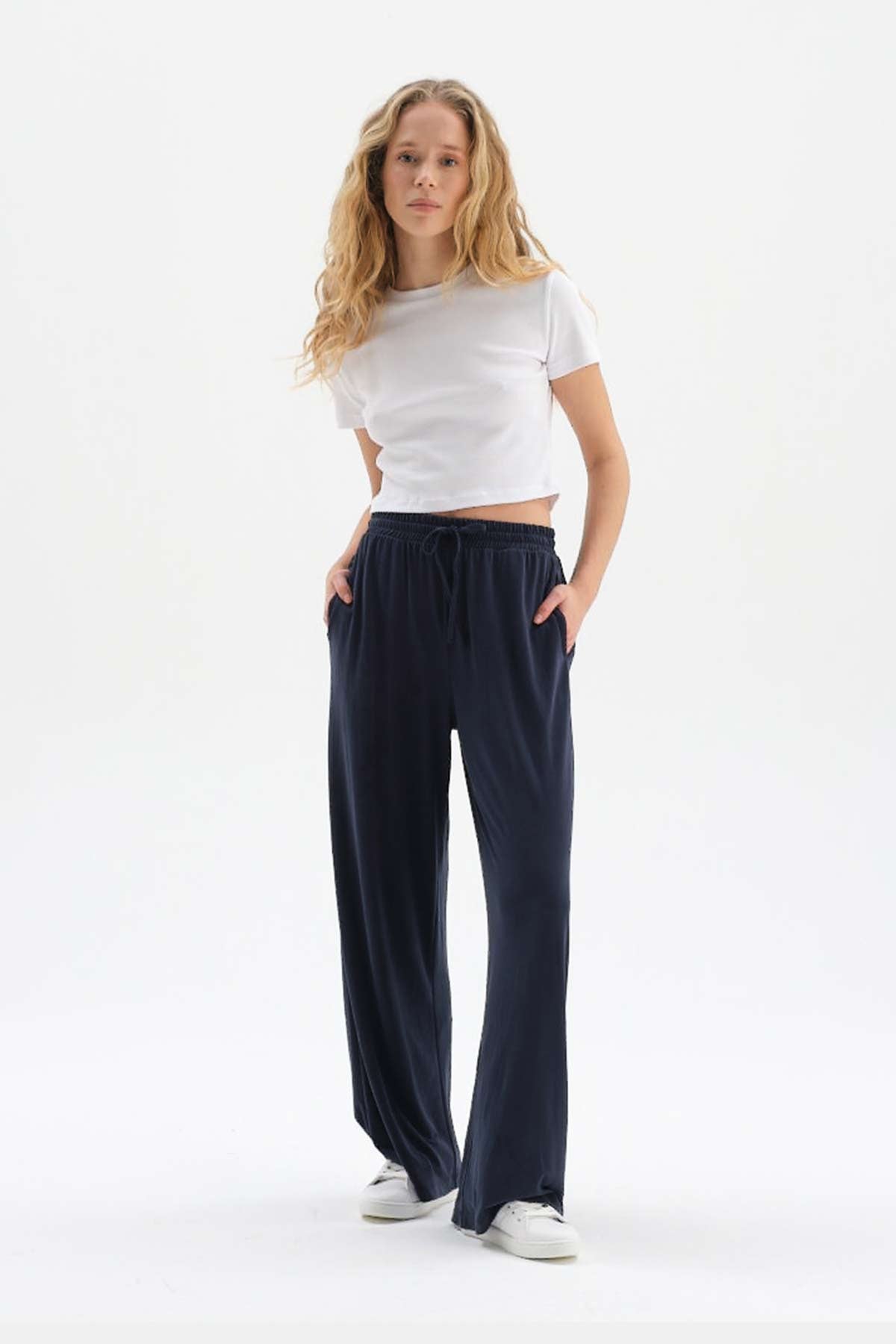 NAVY WIDE LEG CUPRO TROUSERS WITH ELASTIC WAIST