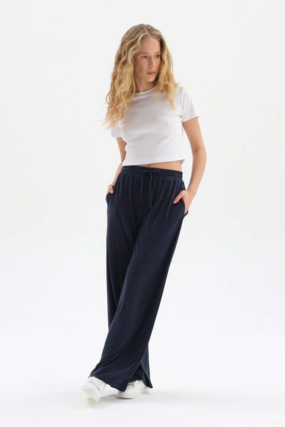 NAVY WIDE LEG CUPRO TROUSERS WITH ELASTIC WAIST
