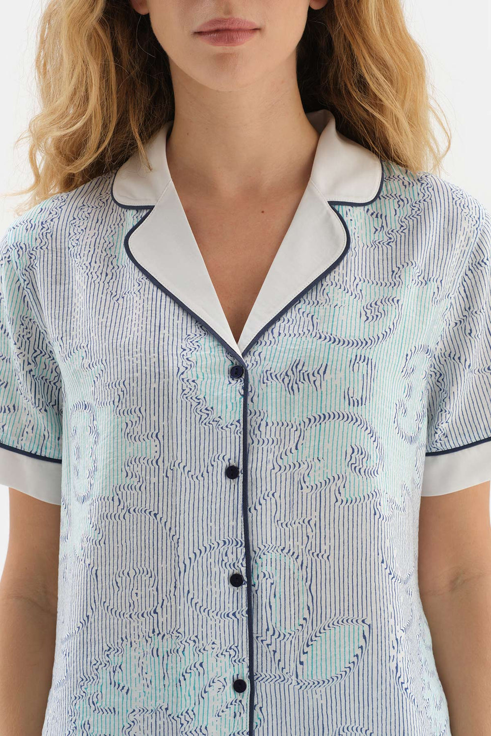 BLUE SHIRT COLLAR TILE PATTERN VISCOSE WOVEN PAJAMAS