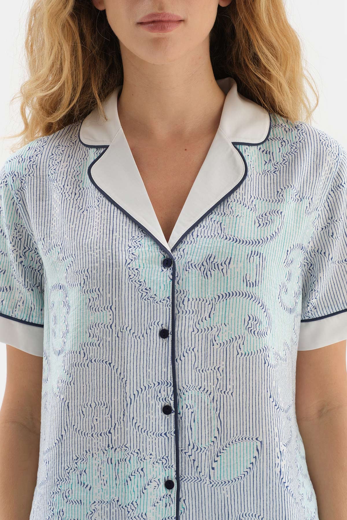 BLUE SHIRT COLLAR TILE PATTERN VISCOSE WOVEN PAJAMAS