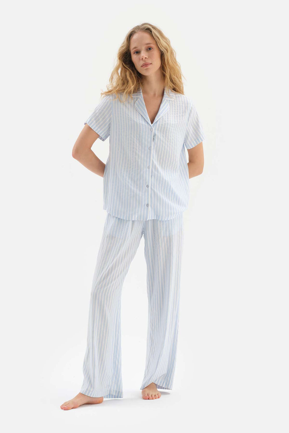 LIGHT BLUE BLINING DETAILED STRIPED WOVEN PAJAMAS