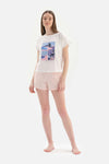 WHITE CREW-NECK PRINTED KNITTED SHORTS PAJAMAS
