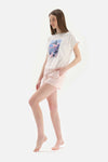 WHITE CREW-NECK PRINTED KNITTED SHORTS PAJAMAS