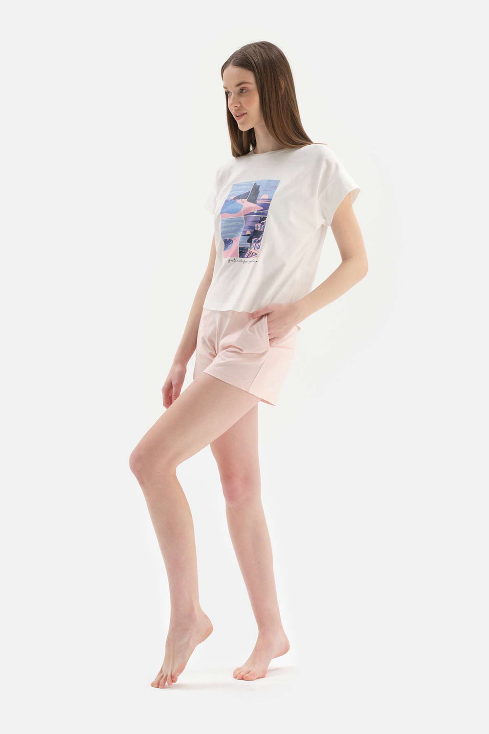 WHITE CREW-NECK PRINTED KNITTED SHORTS PAJAMAS