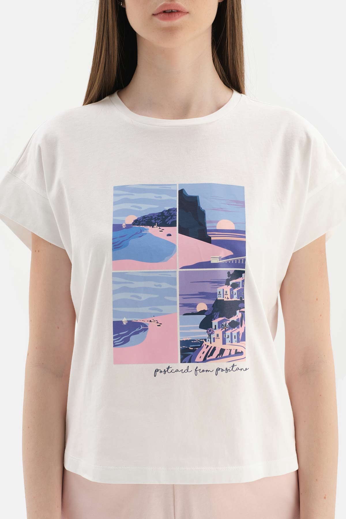 WHITE CREW-NECK PRINTED KNITTED SHORTS PAJAMAS