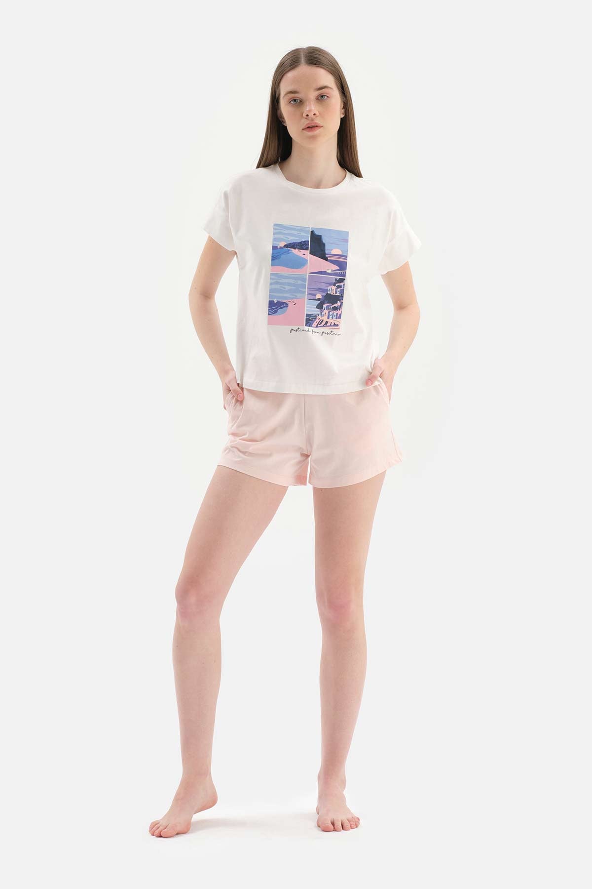 WHITE CREW-NECK PRINTED KNITTED SHORTS PAJAMAS