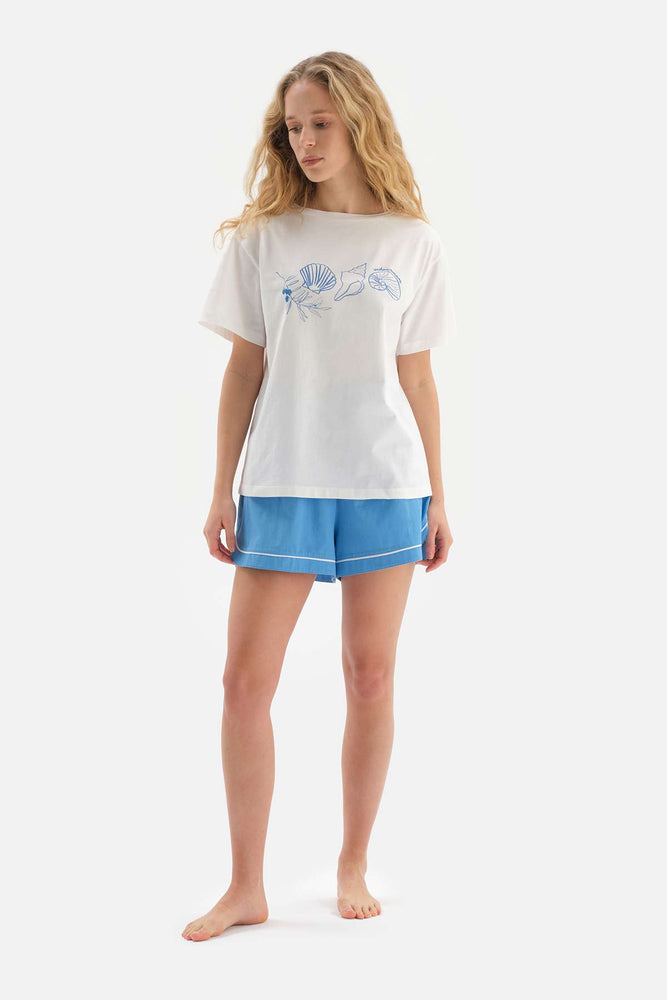 WHITE CREW-NECK PRINTED KNITTED PAJAMAS