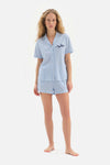 BLUE SHIRT COLLAR EMBROIDERY DETAILED KNITTED PAJAMAS