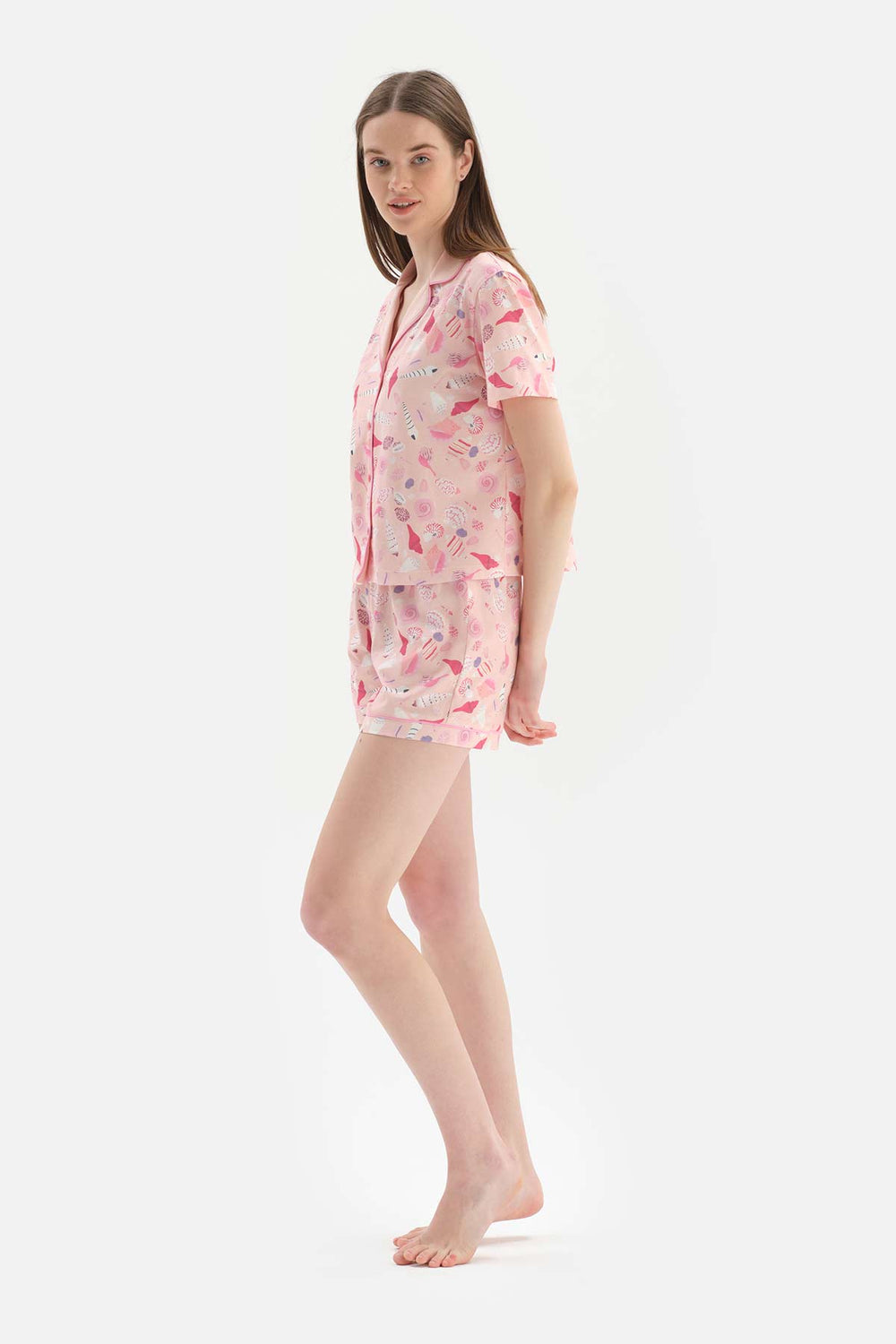 SALMON SHIRT COLLAR PRINTED KNITTED PAJAMAS