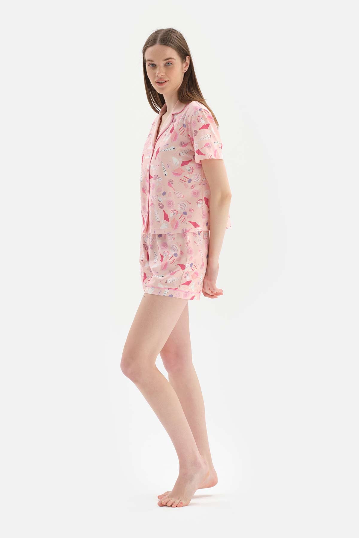 SALMON SHIRT COLLAR PRINTED KNITTED PAJAMAS