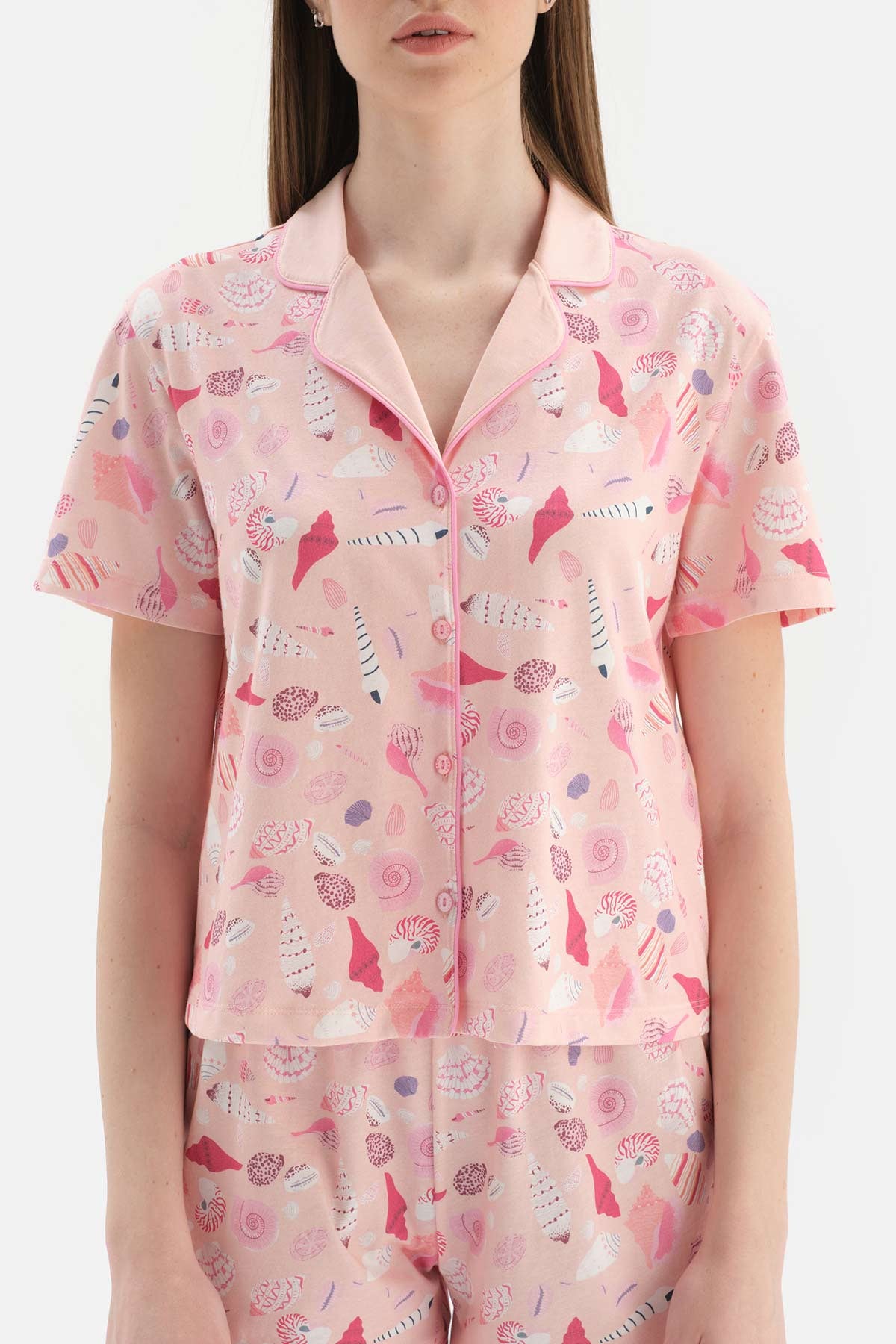 SALMON SHIRT COLLAR PRINTED KNITTED PAJAMAS