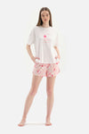 OFF WHITE CREW-NECK PRINTED KNITTED TOP PRINTED SHORTS BOTTOM KNITTED PAJAMAS