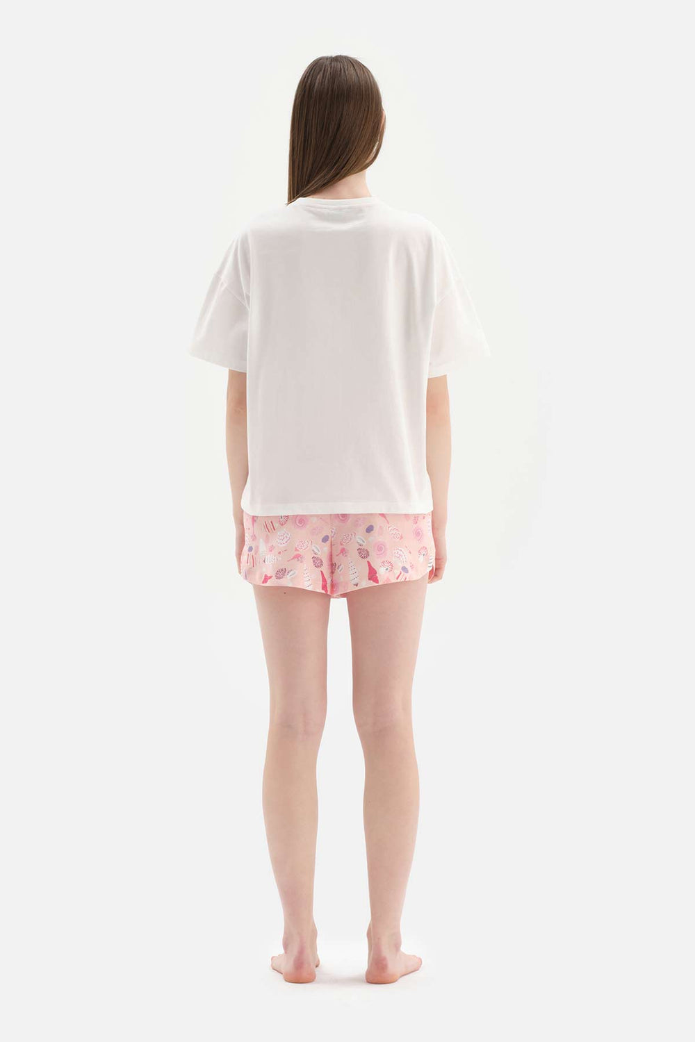 OFF WHITE CREW-NECK PRINTED KNITTED TOP PRINTED SHORTS BOTTOM KNITTED PAJAMAS