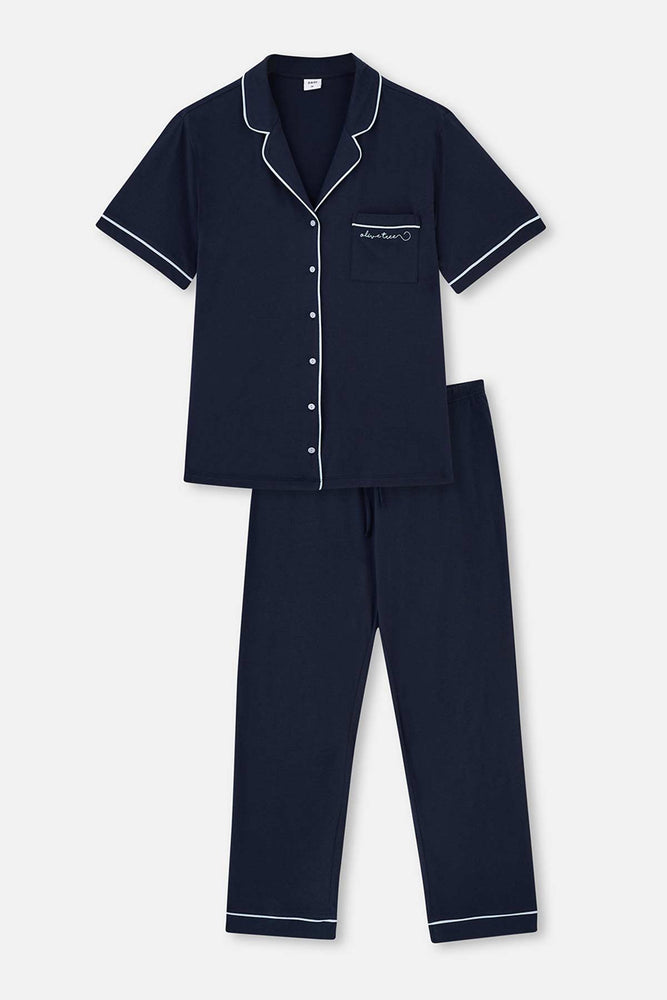 NAVY SHIRT COLLAR KNITTED PAJAMAS